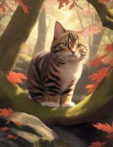 木の上に座る猫のイラストを生成してください