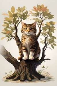 Generate an illustration of a cat sitting on a tree.